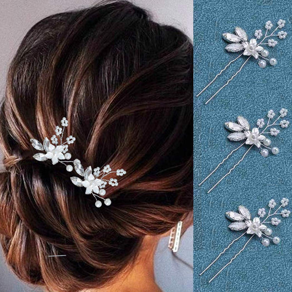 Heread Crystal Bride Wedding Hair Pins, Silver Flower Bridal Head Piece, Pearl Hair Accessories (Pack of 3)