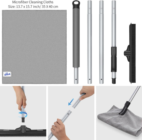 MR.SIGA 3 in 1 Pet Hair Removal Rubber Broom with Built-in Squeegee, 61 inch Adjustable Handle