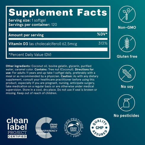 Puori Vitamin D3 with Organic Coconut Oil, 120 x 2500 IU for Immune Support