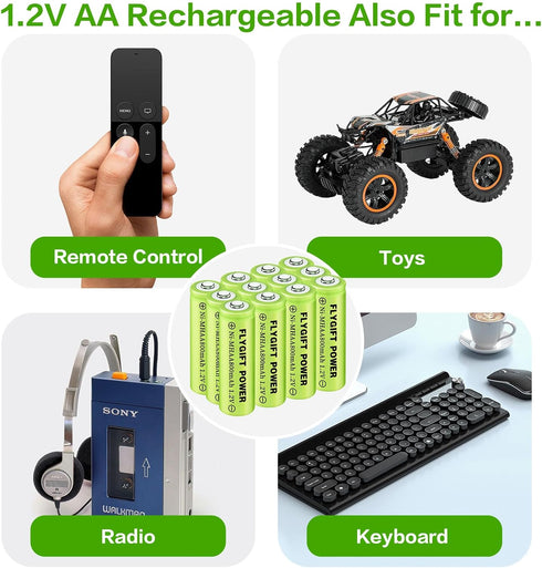 AA Rechargeable Batteries 800mAh Ni-MH, 1.2V High Capacity Precharged for Garden and Landscape Lights, 12 Pack