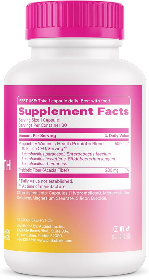 Pink Stork Women's Probiotics for Vaginal Health, 10 Billion CFUs, 30 Capsules for pH Balance & Immune Health