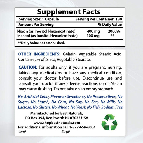 Best Naturals Flush-Free Niacin Inositol Hexanicotinate, 500 mg, 180 Capsules