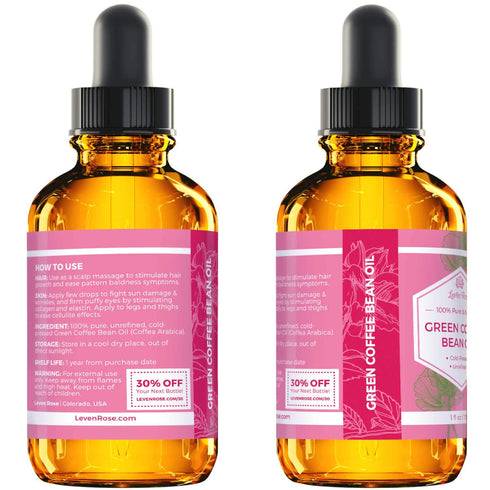 Leven Rose 100% Natural Pure Cold Pressed Green Coffee Bean Oil, 1 oz Bottle for Eyes, Face, Skin, Hair