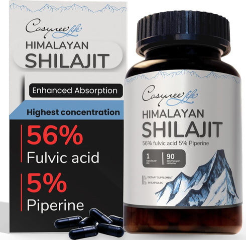 SHILAJIT Pure Himalayan Organic, 90 Count, 5% Piperine, 56% Fulvic Acid for Maximum Potency
