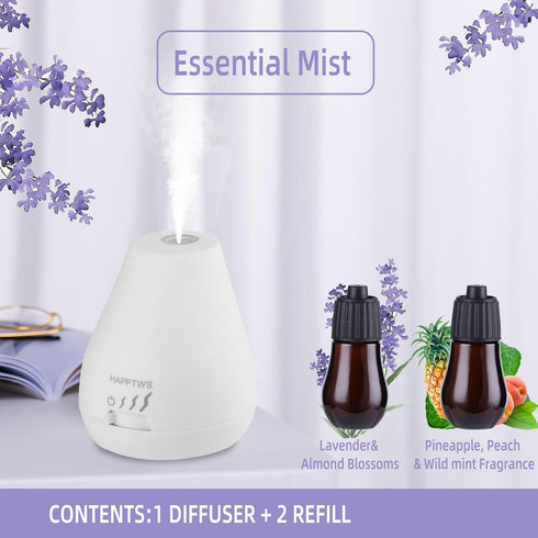 Essential Oil Diffuser - Waterless, Battery Powered, 3 Timer Settings for Bedroom, Yoga Room, Toilet, Pet Room, White