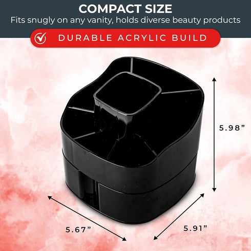 Masirs Small Rotating Makeup Organizer, Mini Cosmetic Storage Solution with Multiple Compartments, Square - Black