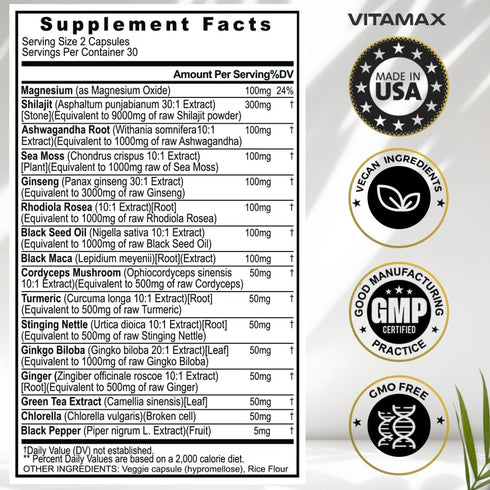 Pure Himalayan Shilajit Supplement 10,000mg with Ashwagandha, Sea Moss & Rhodiola Rosea - 60 Count, Made in USA