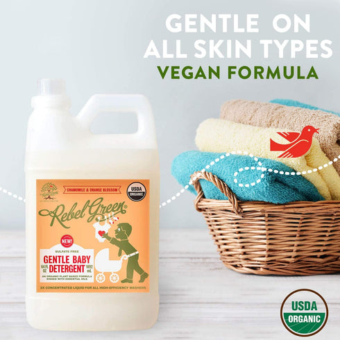 Rebel Green Natural Baby Laundry Detergent, Certified Organic and Hypoallergenic Liquid Soap for Infants - 64 Loads