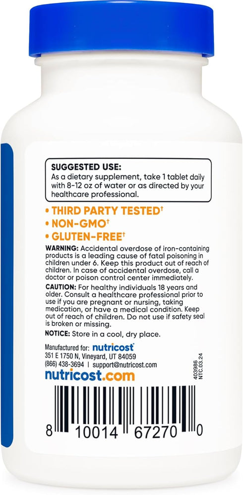 Nutricost Iron (As Ferrous Sulfate) 65mg | 240 Tablets - Non-GMO, Gluten Free