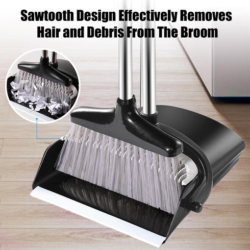 Broom and Dustpan Set with Long Handle, Windproof Stand Up Dustpan with Broom Combo for Home Use