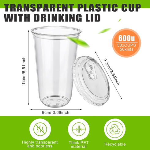Mkhaslri 50 Sets Stemless 20 oz) Disposable Glasses With Strawless Sip Lids,PET Drinking Cups,Clear Plastic Coffee Cups