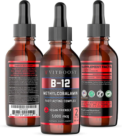 Vegan Liquid B-12 Drops - 60 x 5000 mcg Extra Strength Raspberry Flavored Vitamin B12 Liquid Supplement