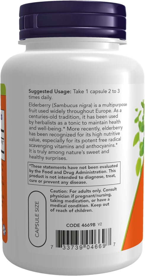 NOW Supplements Elderberry (Sambucus nigra) 500 mg, 10:1 Concentrate, 120 Veg Capsules
