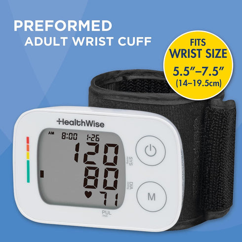 HealthWise Blood Pressure Monitor - Adult Wrist Cuff, Intelligent Inflation, 2-Person Memory, Hypertension Indicator