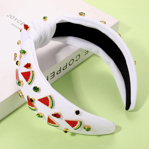 Summer Watermelon Headbands for Women, Tropical Fruit Rhinestone Crystal Wide Top Knot Hair Accessories (Fruit B-White)