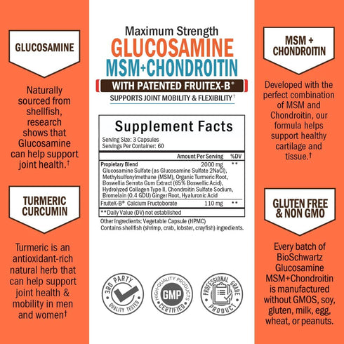 Glucosamine Chondroitin MSM Triple Strength Joint Support Supplement with Collagen Peptides, Turmeric, Ginger