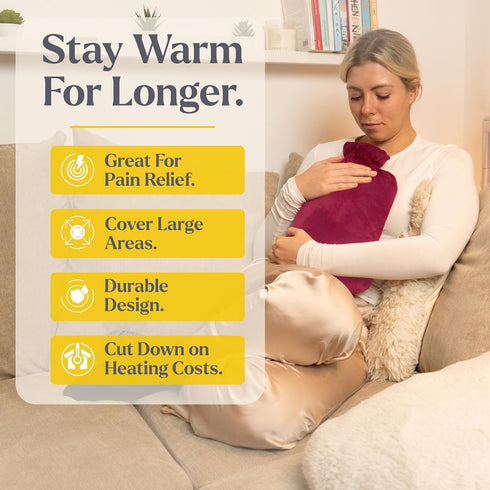 Qomfor 3L Hot Water Bottle - with Soft Premium Fleece Cover - Burgundy, - Heating Pad for Menstrual Cramps and Period