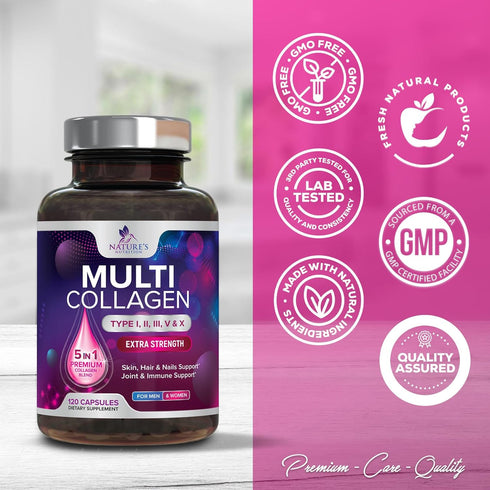 Collagen Peptides for Women & Men, Type I, II, III, V, X, Hydrolyzed Collagen Pills, 120 Capsules, Hair, Skin, Joint