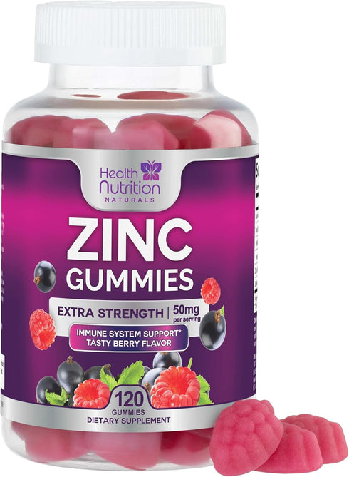 Zinc Immune Support Supplement 50mg - 120 Gummies, Max Strength Zinc for Radiant Skin & Immune Health, Vegan
