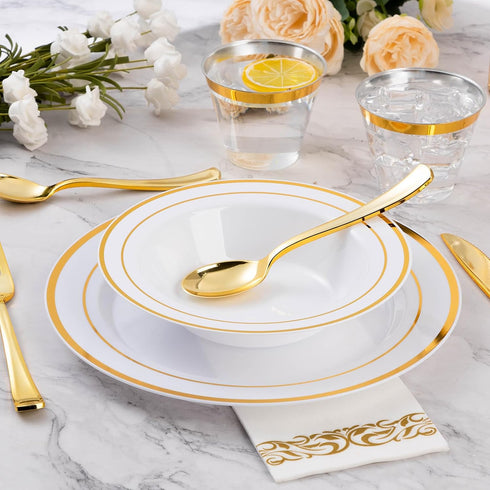 Goodluck 25 Pack Plastic Bowls with Gold Rim, 12oz Disposable Soup Bowls for Weddings, Parties, Dinners, Catering
