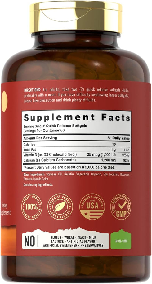 Carlyle Calcium 1200 mg with Vitamin D3 | 120 Softgels | Non-GMO and Gluten Free Supplement | Tahoe Nutritionals