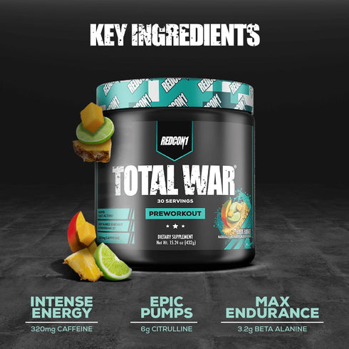 REDCON1 Total War Pre Workout Powder, Baja Bomb Flavor, Keto Friendly with 320mg Caffeine, Fast Acting (30 Servings)
