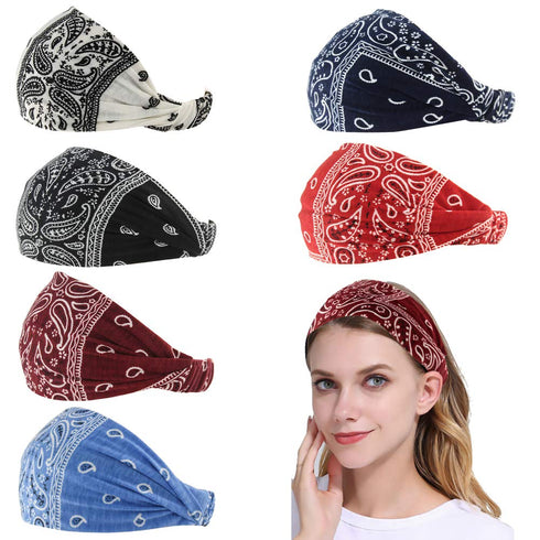 Paisley Bandana Headband for Women, Adjustable Turban Hairband, Pack of 6, Elastic Yoga Headband