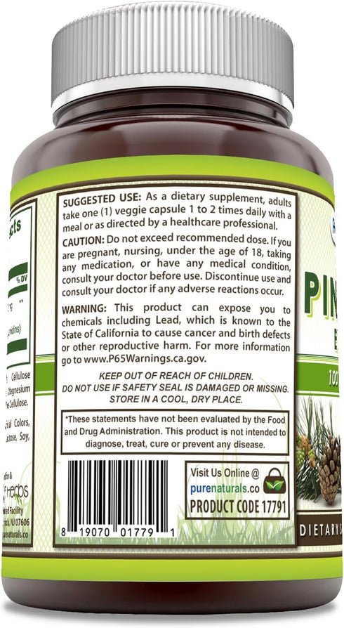 Pure Naturals Pine Bark Extract Supplement | 100 Mg Per Serving | 60 Veggie Capsules | Non-GMO | Gluten Free | Made in USA