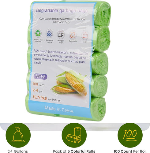 QIXINNET 2-4 100 Count (5 Green Biodegradable Trash Bags Gallon, Rolls), Small Garbage Bags, PE & Corn Starch Blend