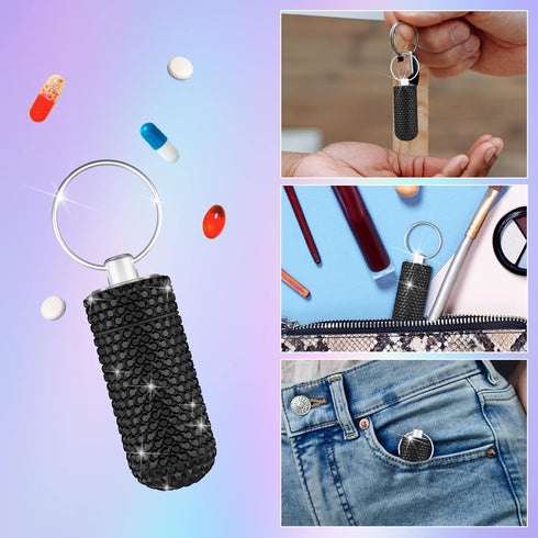 Bling Pill Case, Portable Waterproof Rhinestone Pill Box with Keychain for Travel, Outdoor, Camping, Black Pill Holder