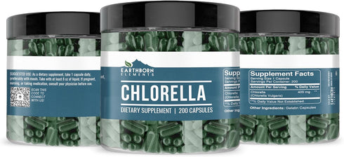 Earthborn Elements Chlorella 200 Capsules, Pure & Undiluted, No Additives for Health Benefits