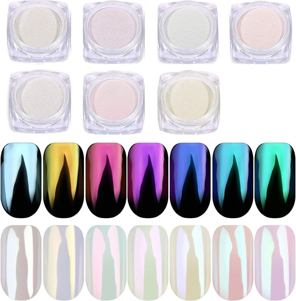 Pretty Diva 7 Colors Pearl Chrome Powder Set - Magic White Pearl Chrome Powder for Nails, Iridescent Metallic Pigment