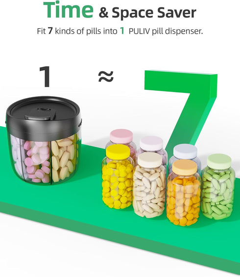 PULIV Portable Pill Dispenser Bottle - Vitamin Organizer with 7 Compartments, Easy to Retrieve Meds, Includes 20 Sticky