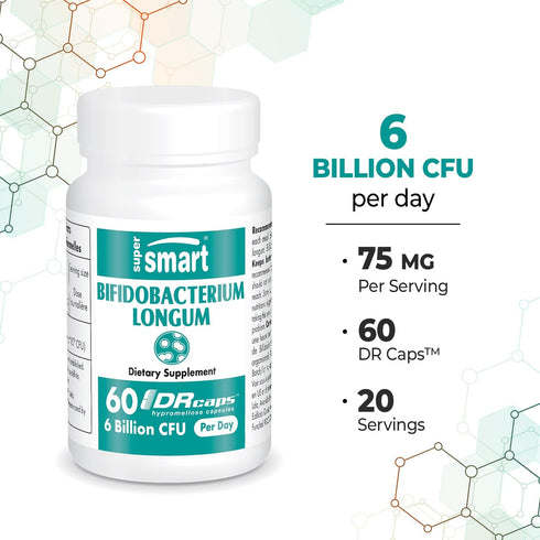 Supersmart Bifidobacterium Longum - 6 Billion CFU Probiotics & Prebiotics Supplement, Non-GMO & Gluten Free - 60 DR