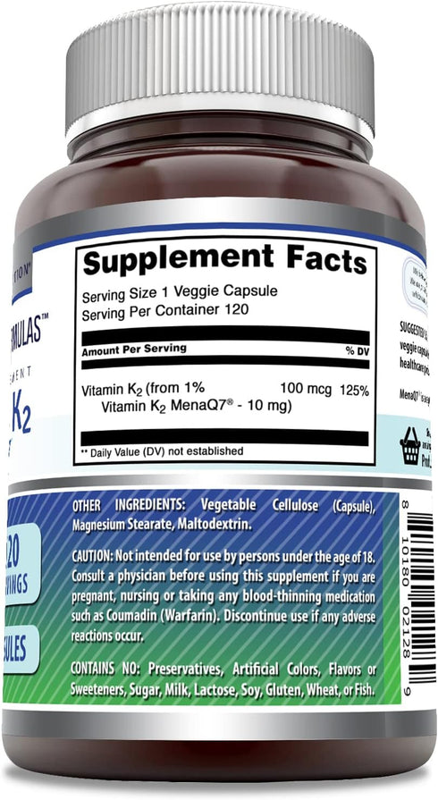 Amazing Formulas Vitamin K2 Menaq7 MK7 Supplement - 100 Mcg, Veggie Capsules, 120 Count