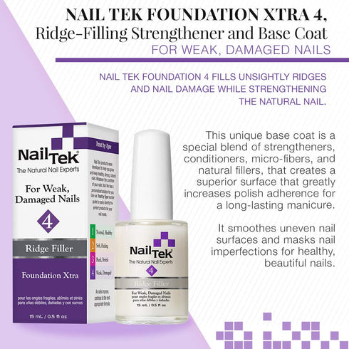 Nail Tek Foundation Xtra 4 - Ridge Filling Strengthening Base Coat for Weak Nails, 0.5 oz, 2-Pack