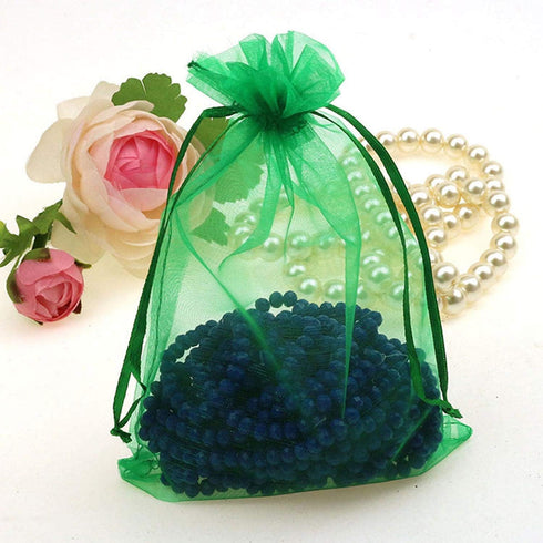 100 Pieces 5x7 inches Gift Wrap Bags, Green Organza Sheer Fabric Drawstring Bags for Baby Shower Favor