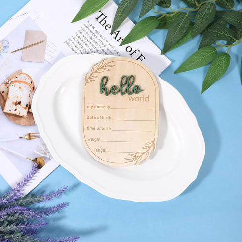 Thinp 5.9 Inch Baby Announcement Sign, Wooden Hello World Newborn Signs Birth Baby Name Plaques Birth Announcement Sign
