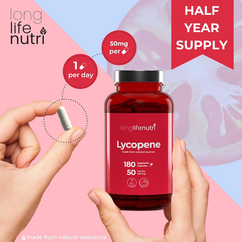 Lycopene 50mg 180 Vegetarian Capsules, Natural Tomato Extract Supplement, Non-GMO Pure Powder for Health
