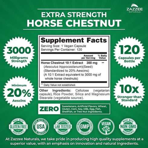 Zazzee Extra Strength Horse Chestnut 10:1 Extract, 3000 mg, 120 Vegan Capsules, 4 Month Supply