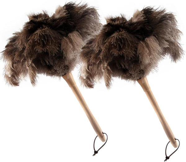 THARAHT 2PCS Ostrich Feather Duster - 16 Inch Fluffy Natural with Wood Handle - Reusable Washable for Home, Car, Office