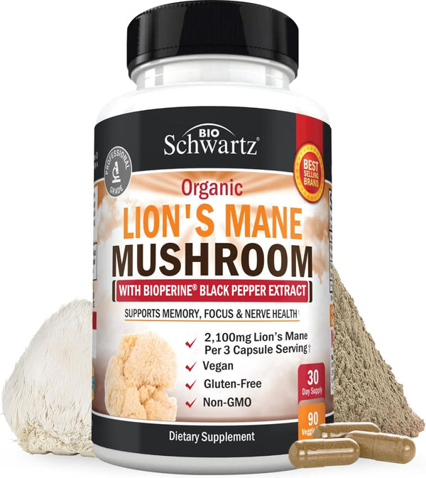 Organic Lions Mane Supplement Capsules, 90 Count, 2100mg for Memory and Focus