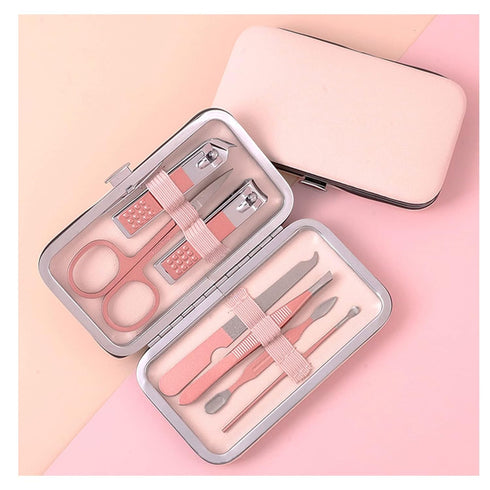 Pink Manicure Set, Portable Beauty Tool Kit with Nail Clipper, 7 in 1 Stainless Steel in Luxury Leather Case