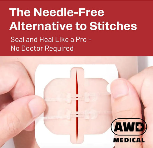 AWD Zip Stitch Wound Closure Strips - 2 Devices, 2 Sterile Gauzes, 2 Alcohol Wipes for Emergency Laceration