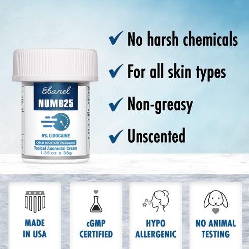 Ebanel 5% Lidocaine Numbing Cream for Pain Relief, Maximum Strength with Vitamin E
