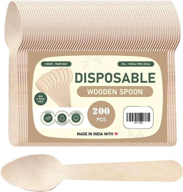 KRUM Disposable Wooden Spoon, 16 cms/6.4 Inch Length, Pack of 100
