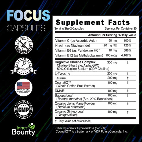 Focus 14-in-1 Nootropic Brain Supplement - 60 Filler Free Capsules - with Lions Mane, Alpha GPC Choline, Vitamin C &