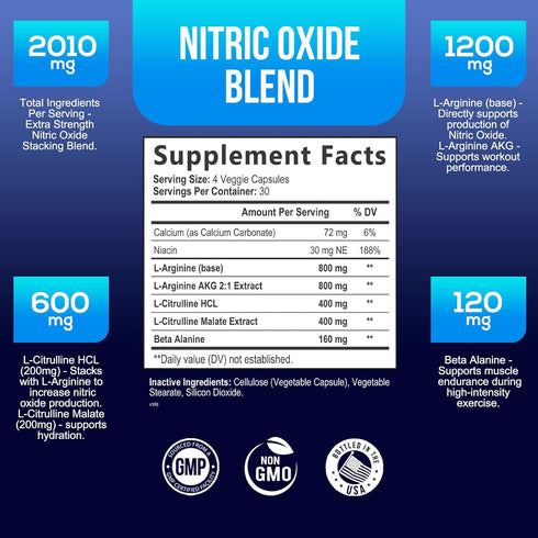 Extra Strength Nitric Oxide Supplement: L Arginine 3X Strength with Citrulline Malate, AAKG, Beta Alanine, 120 Capsules