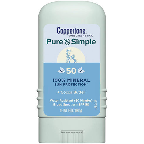 Pure and Simple Zinc Oxide Mineral Sunscreen Stick by Coppertone SPF 50, Water Resistant for Sensitive Skin