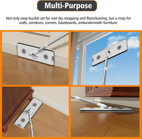 Set 4 CTIME Flat Mop and Bucket with WringerWet and Dry UseHands-Free Flat Mops for Floor Cleaning and Window Wall